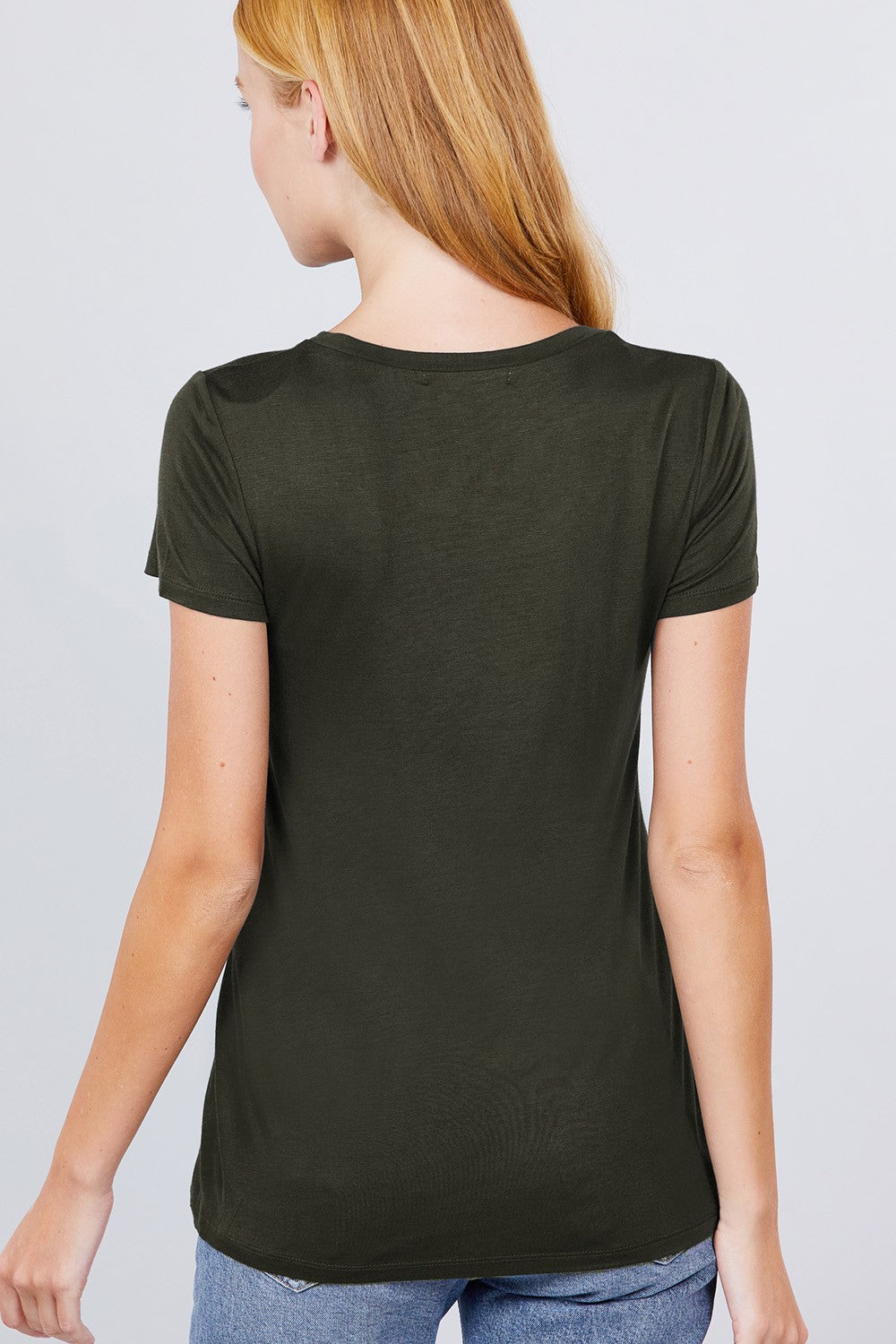 Women's Short Sleeve Round Scoop Neck Top T-Shirt Tee Pocket - Burnt Olive Green
