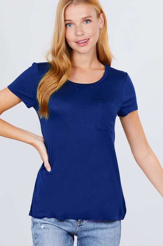 Women's Short Sleeve Round Scoop Neck Top T-Shirt Tee Pocket - Royal Blue