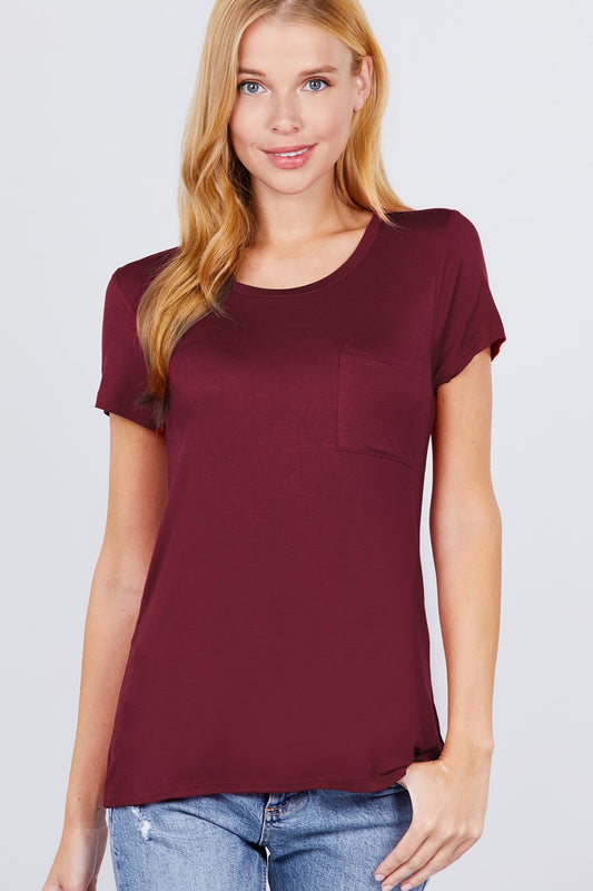 Women's Short Sleeve Round Scoop Neck Top T-Shirt Tee Pocket - Ruby Burgundy