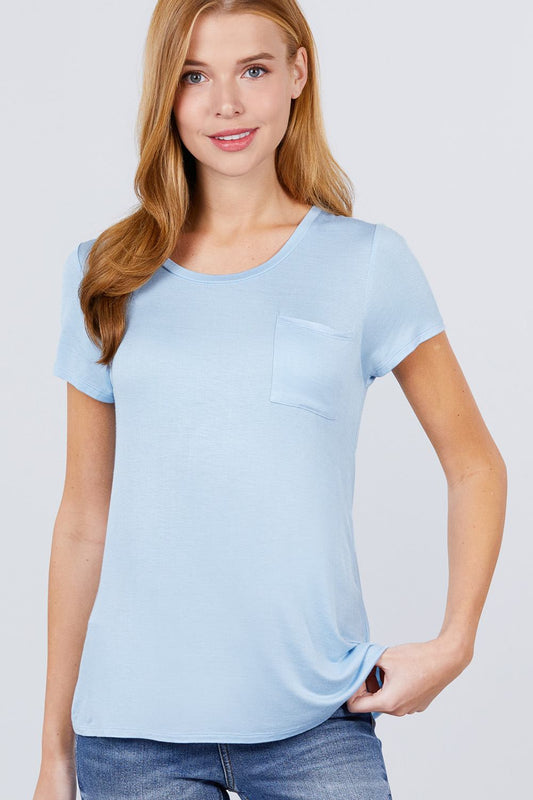 Women's Short Sleeve Round Scoop Neck Top T-Shirt Tee Pocket - Crystal Blue