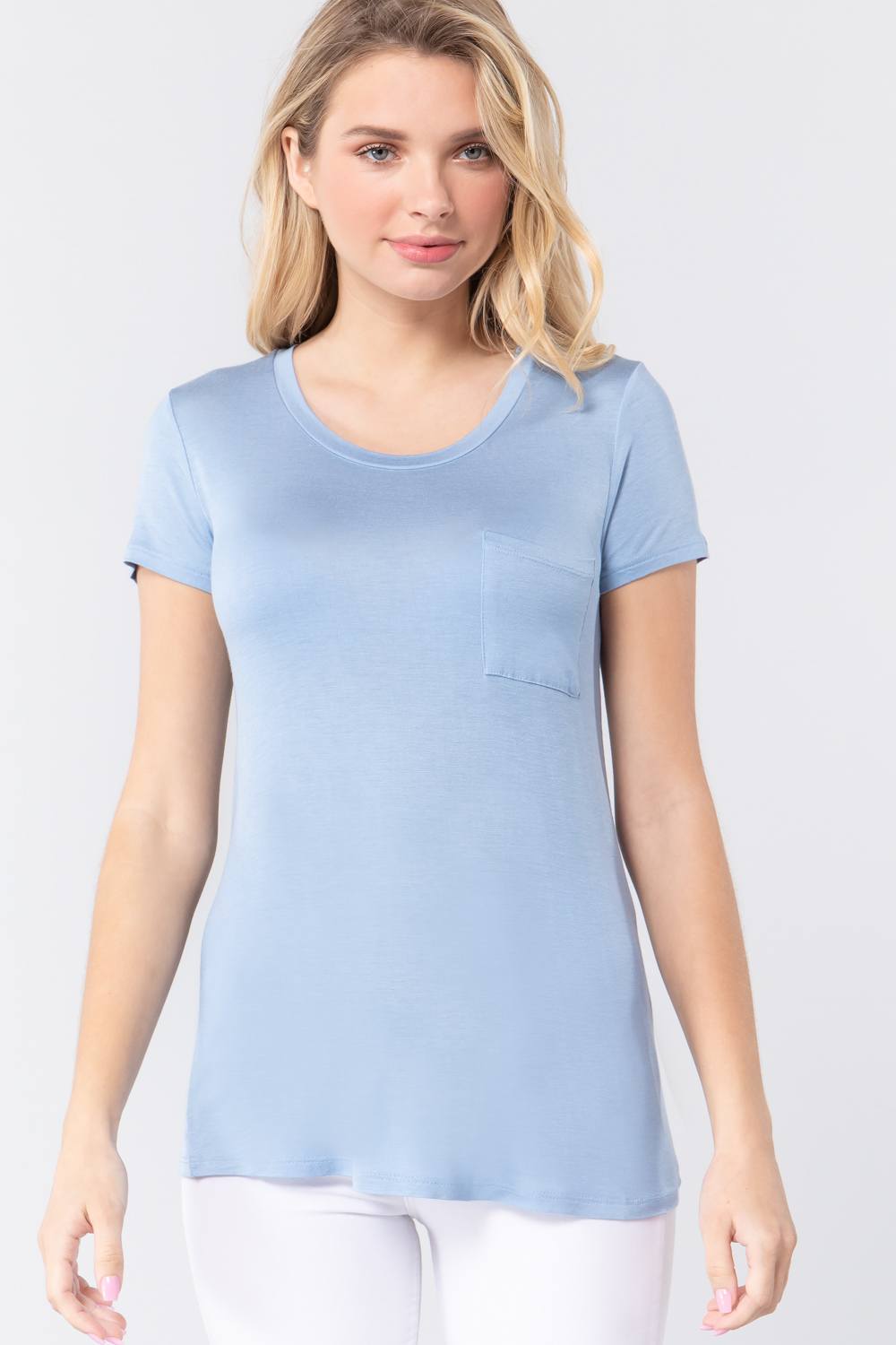Women's Short Sleeve Round Scoop Neck Top T-Shirt Tee Pocket - Ice Blue