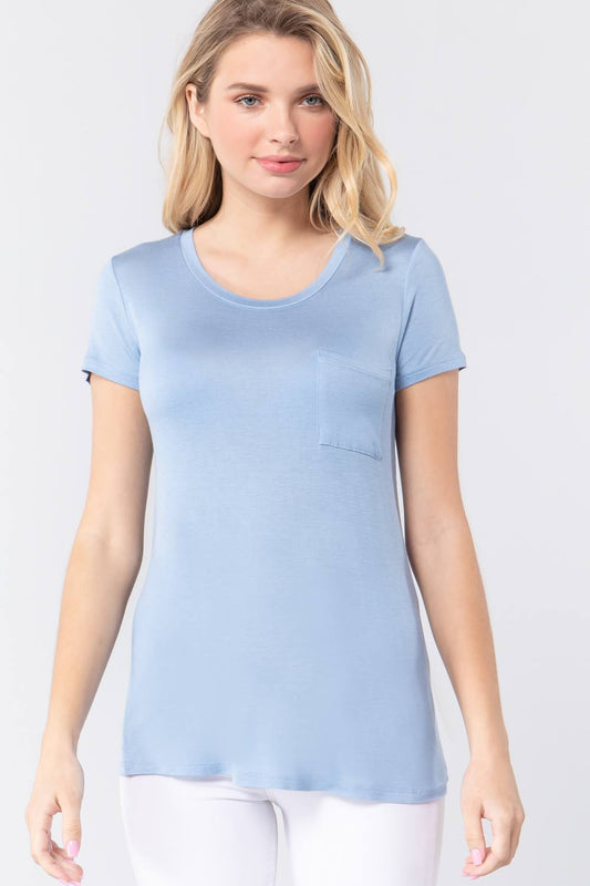 Women's Short Sleeve Round Scoop Neck Top T-Shirt Tee Pocket - Ice Blue
