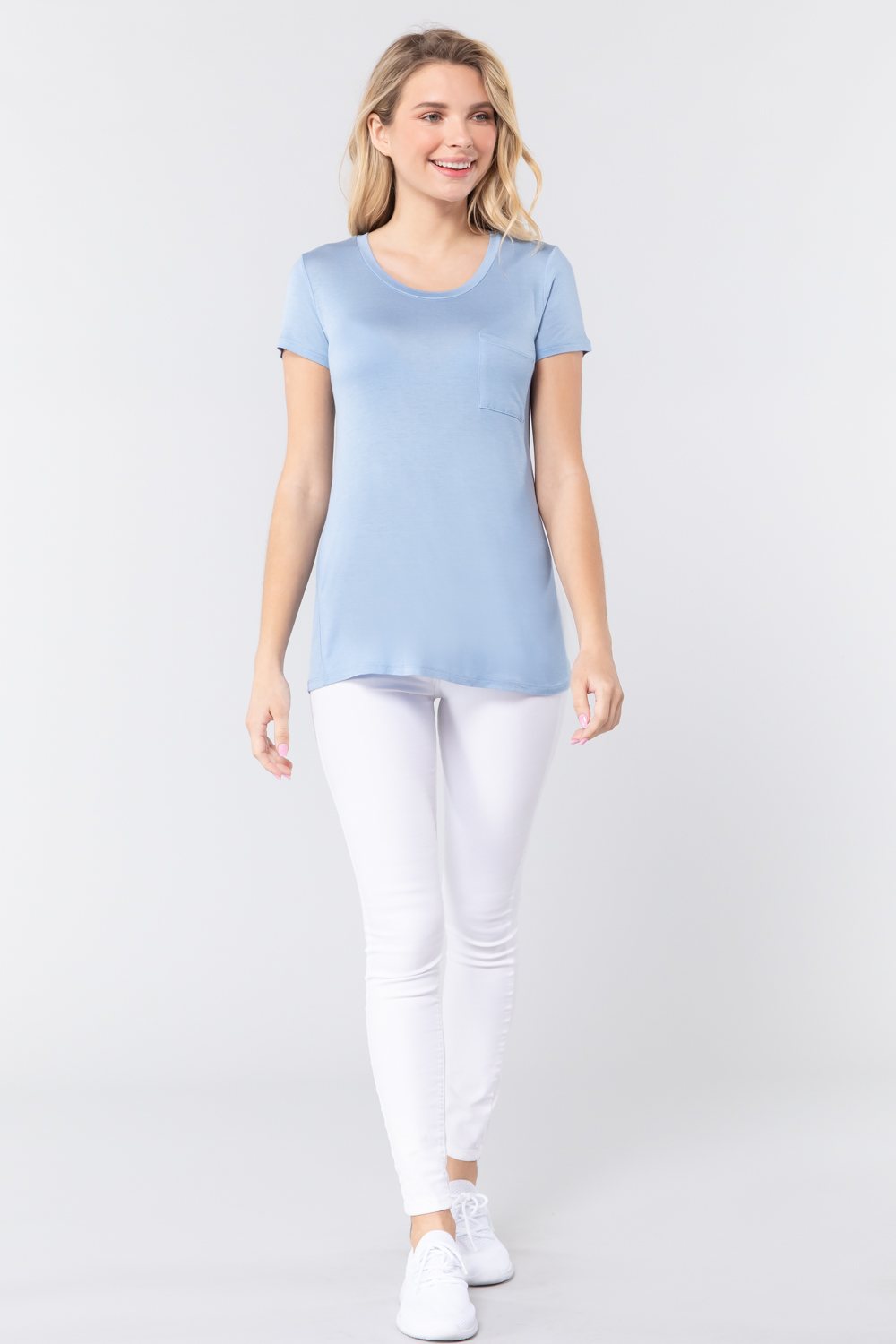 Women's Short Sleeve Round Scoop Neck Top T-Shirt Tee Pocket - Ice Blue