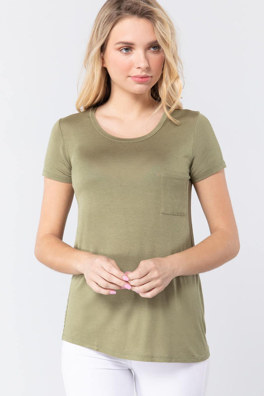 Women's Short Sleeve Round Scoop Neck Top T-Shirt Tee Pocket - Olive Green