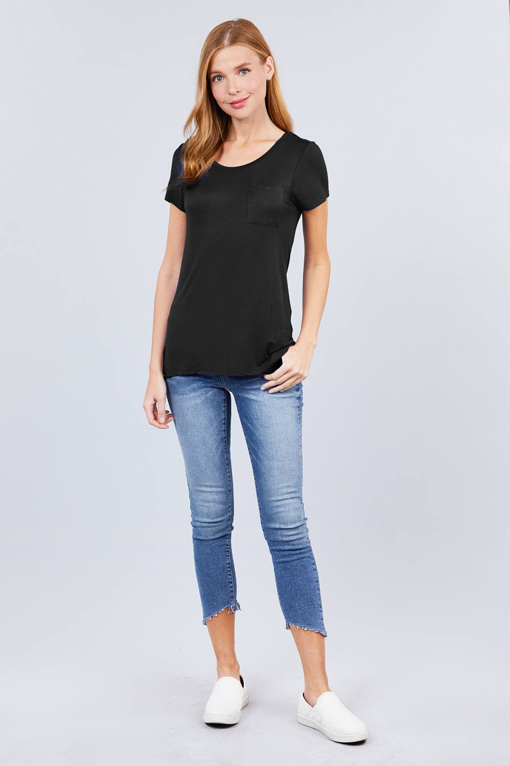 Women's Short Sleeve Round Scoop Neck Top T-Shirt Tee Pocket - Black
