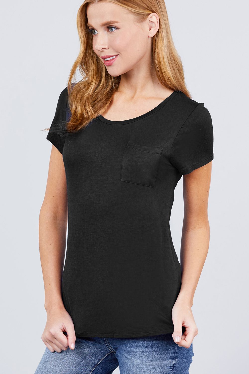 Women's Short Sleeve Round Scoop Neck Top T-Shirt Tee Pocket - Black