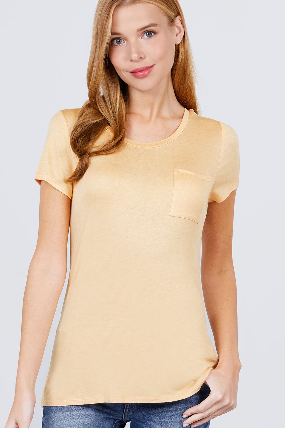 Women's Short Sleeve Round Scoop Neck Top T-Shirt Tee Pocket - Pearl Yellow