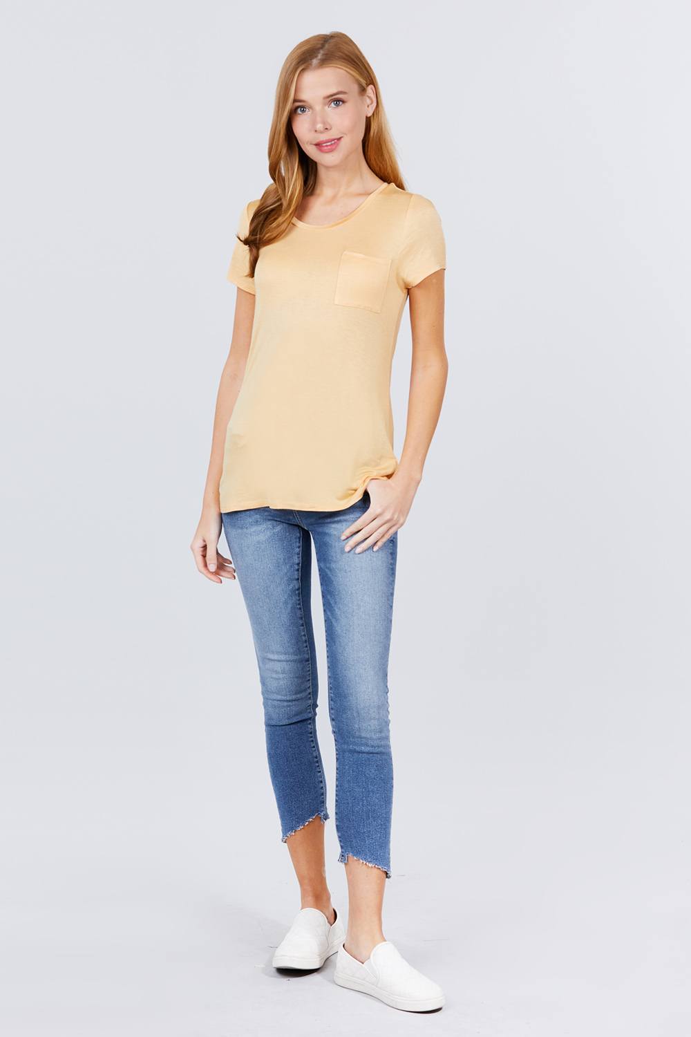 Women's Short Sleeve Round Scoop Neck Top T-Shirt Tee Pocket - Pearl Yellow