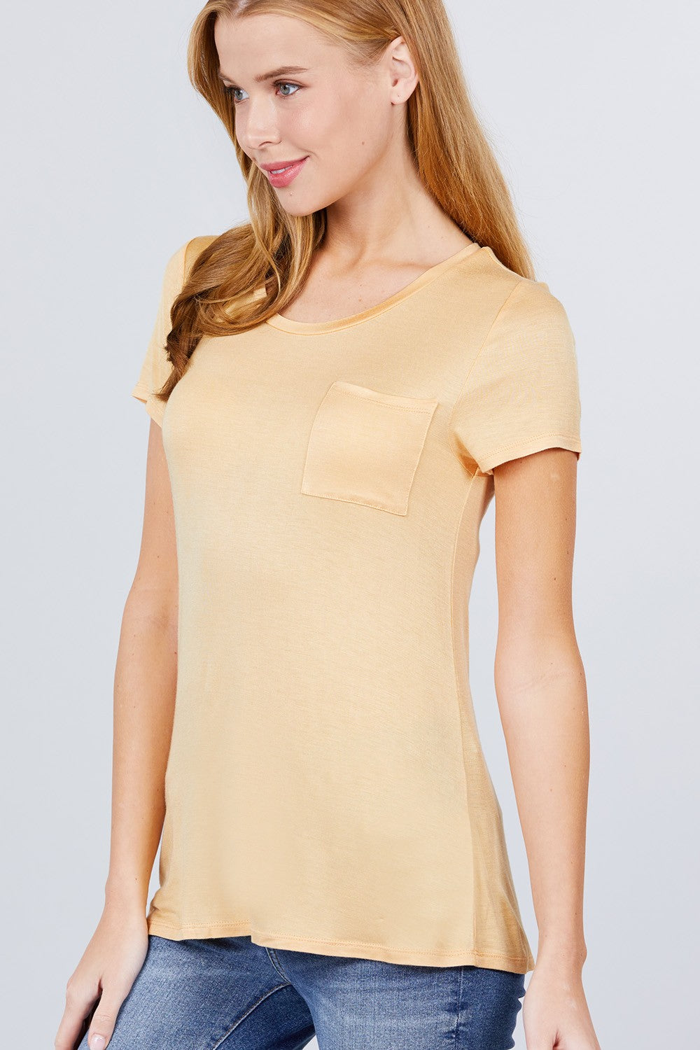 Women's Short Sleeve Round Scoop Neck Top T-Shirt Tee Pocket - Pearl Yellow
