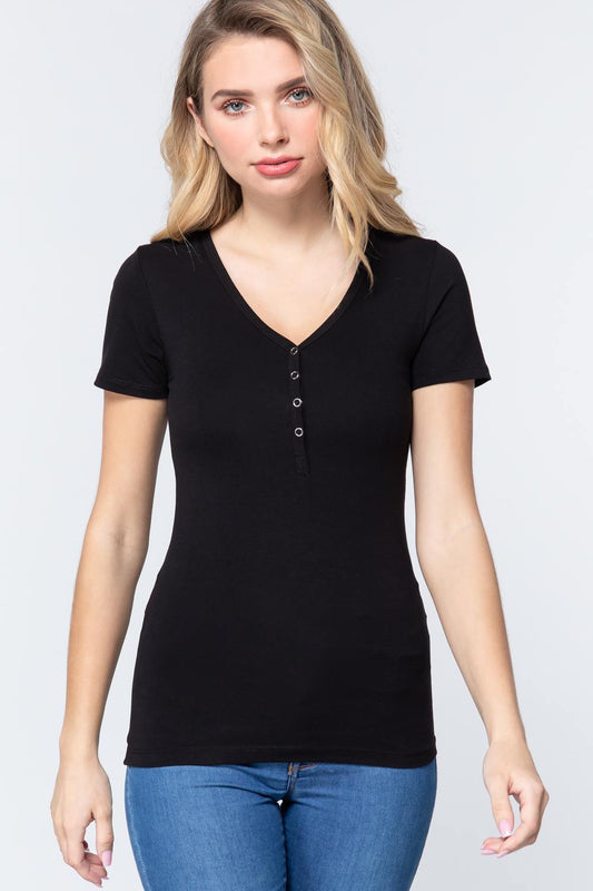 Women's Short Sleeve V-neck Henley Knit Top Soft T-Shirt - Black
