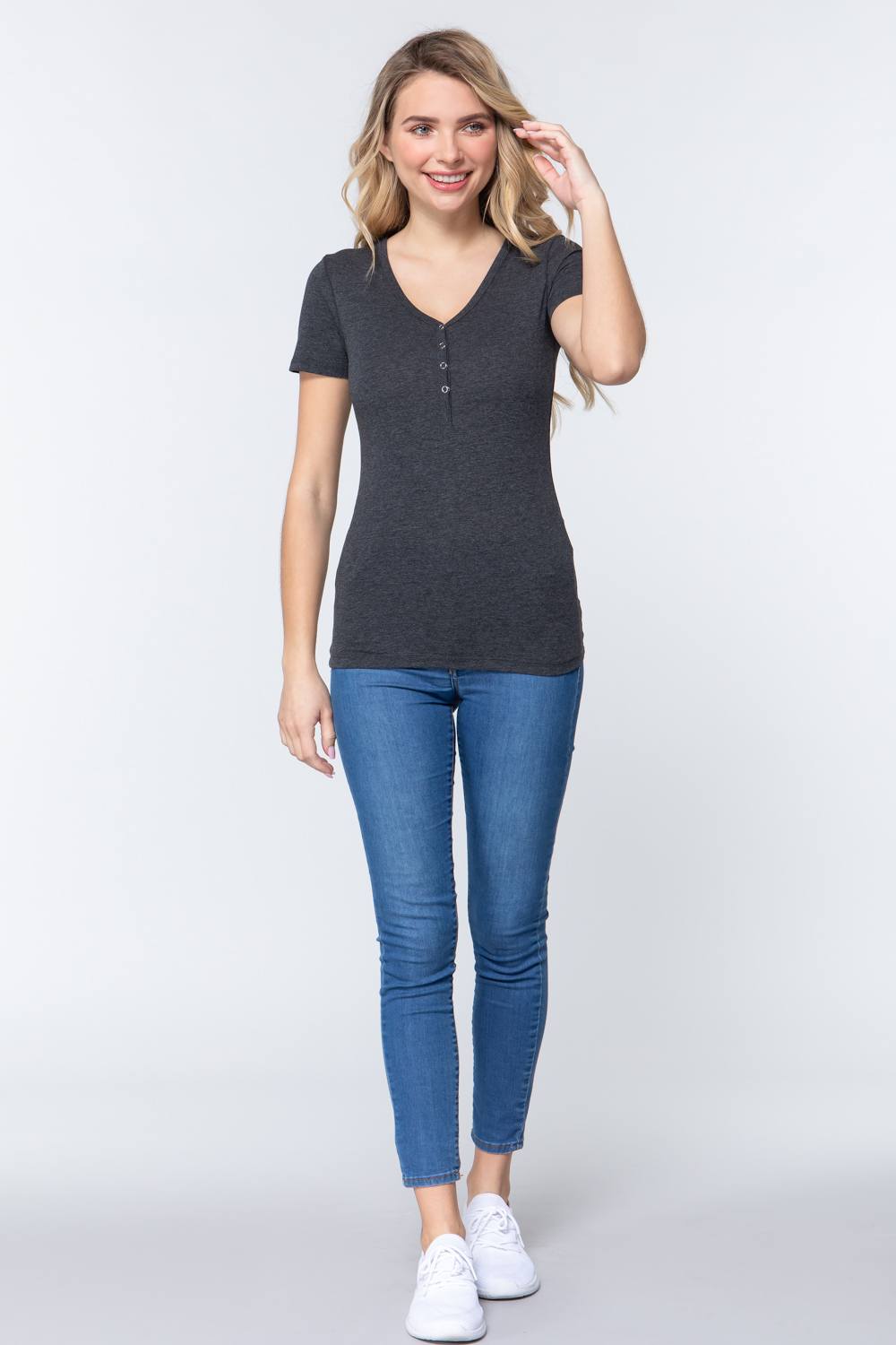 Women's Short Sleeve V-neck Henley Knit Top Soft T-Shirt - Charcoal Grey