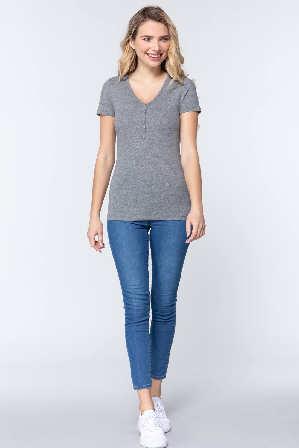 Women's Short Sleeve V-neck Henley Knit Top Soft T-Shirt - Heather Grey