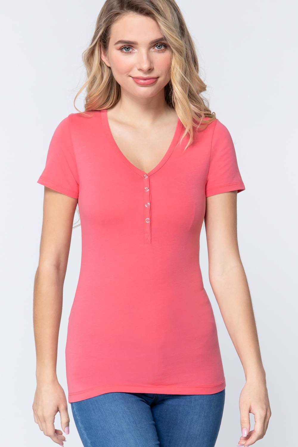 Women's Short Sleeve V-neck Henley Knit Top Soft T-Shirt - Rose Pink