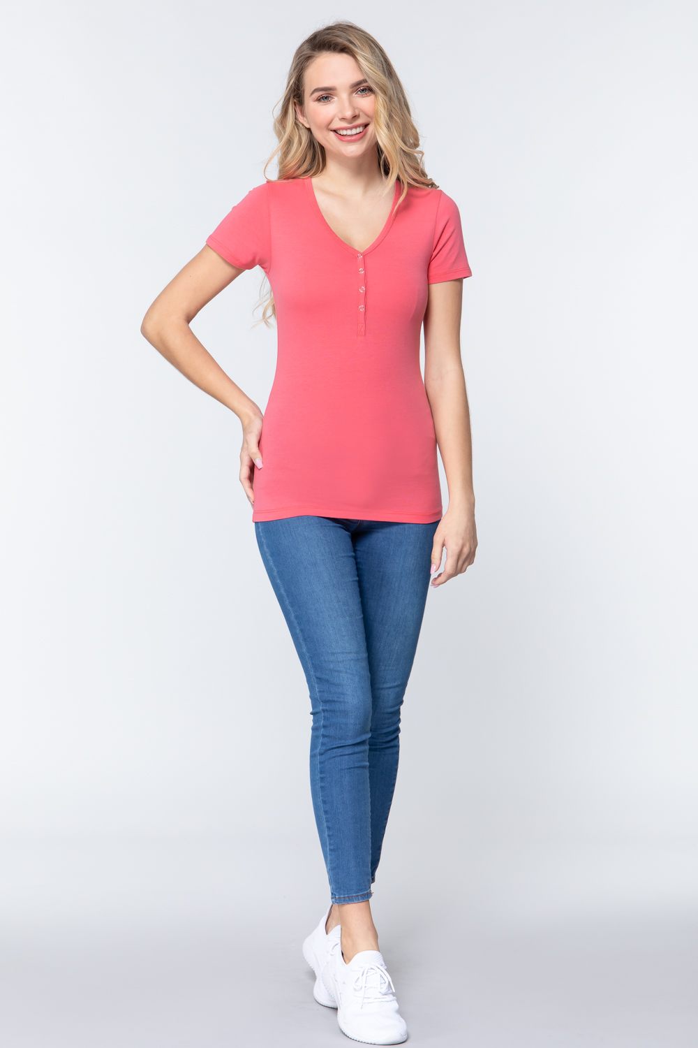Women's Short Sleeve V-neck Henley Knit Top Soft T-Shirt - Rose Pink