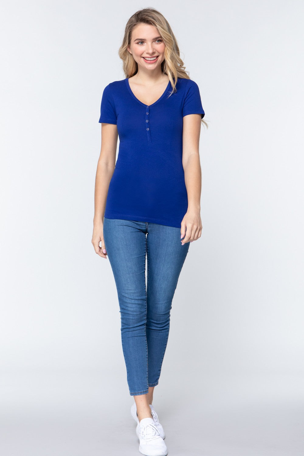 Women's Short Sleeve V-neck Henley Knit Top Soft T-Shirt - Royal Blue