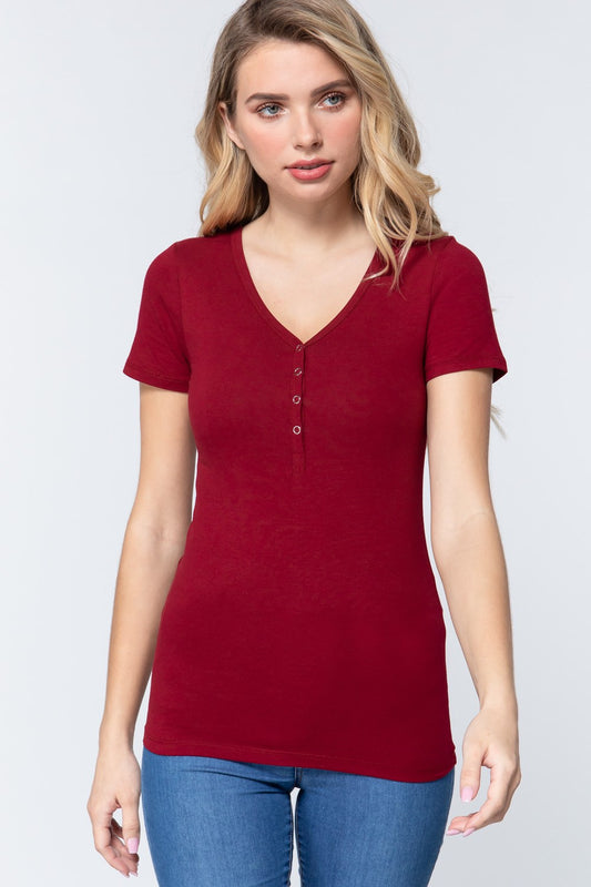 Women's Short Sleeve V-neck Henley Knit Top Soft T-Shirt - Ruby Burgundy