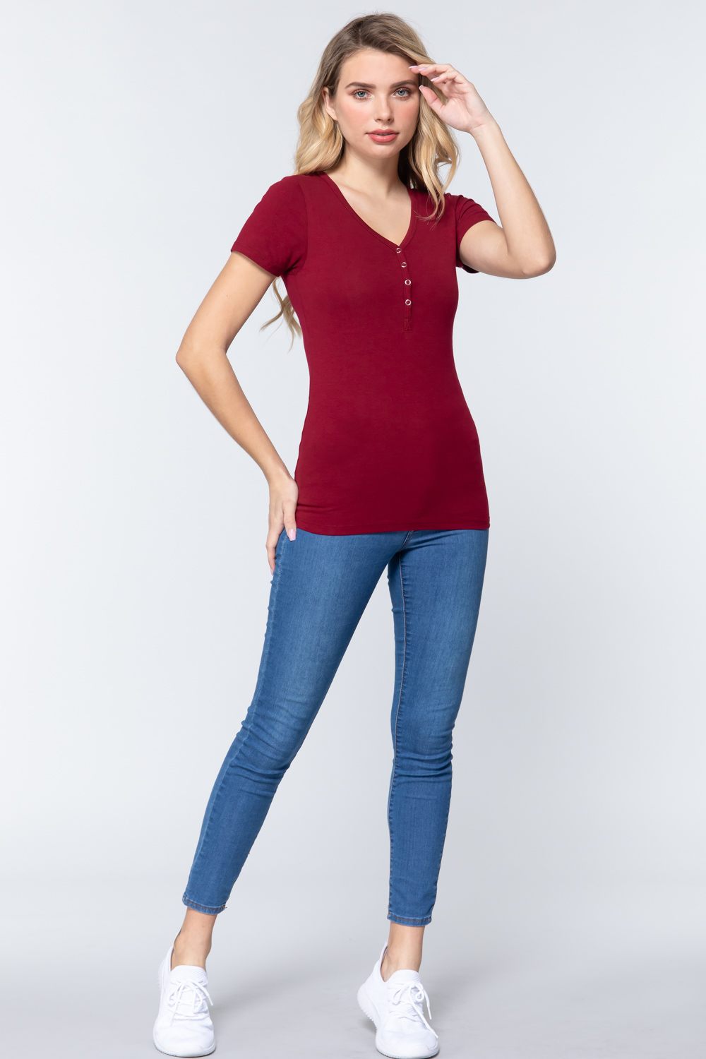 Women's Short Sleeve V-neck Henley Knit Top Soft T-Shirt - Ruby Burgundy