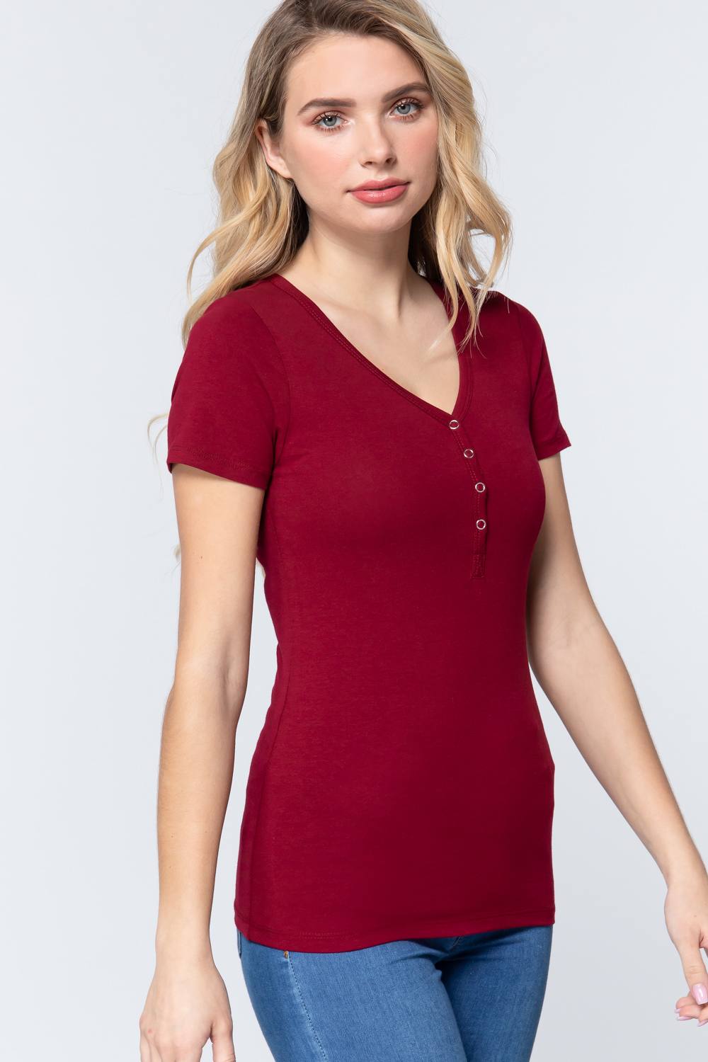 Women's Short Sleeve V-neck Henley Knit Top Soft T-Shirt - Ruby Burgundy