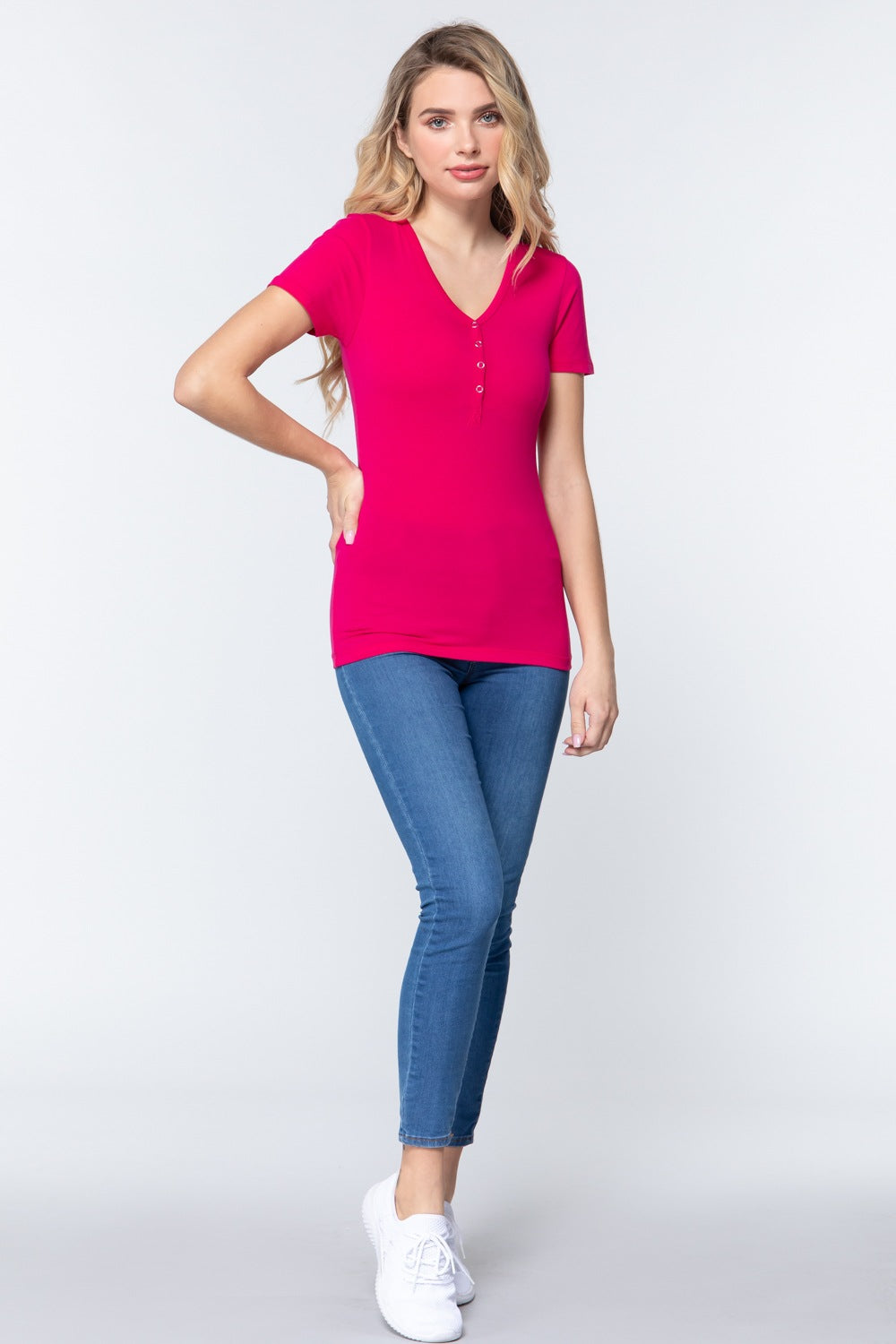 Women's Short Sleeve V-neck Henley Knit Top Soft T-Shirt - Spring Hot Pink