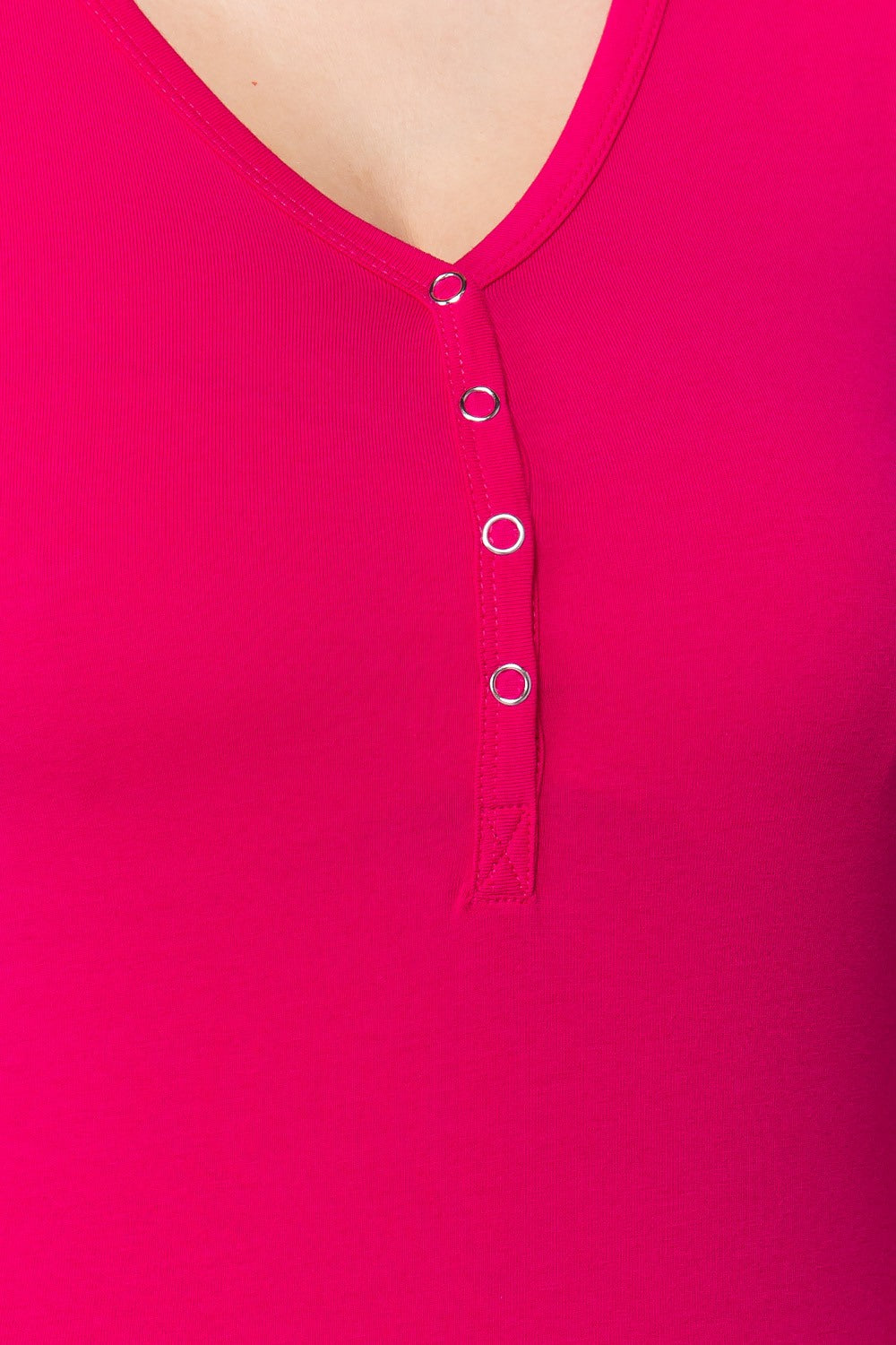 Women's Short Sleeve V-neck Henley Knit Top Soft T-Shirt - Spring Hot Pink