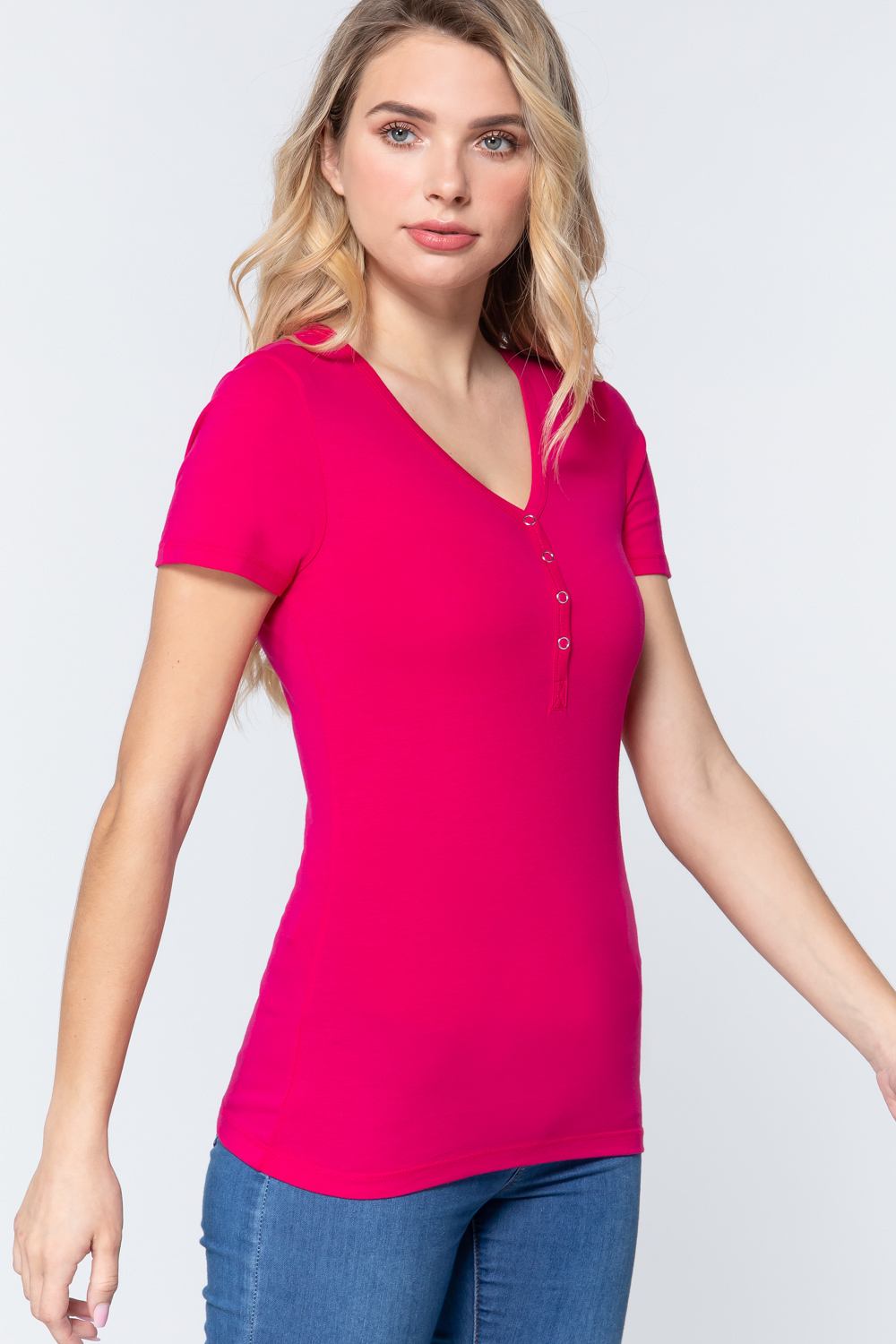 Women's Short Sleeve V-neck Henley Knit Top Soft T-Shirt - Spring Hot Pink