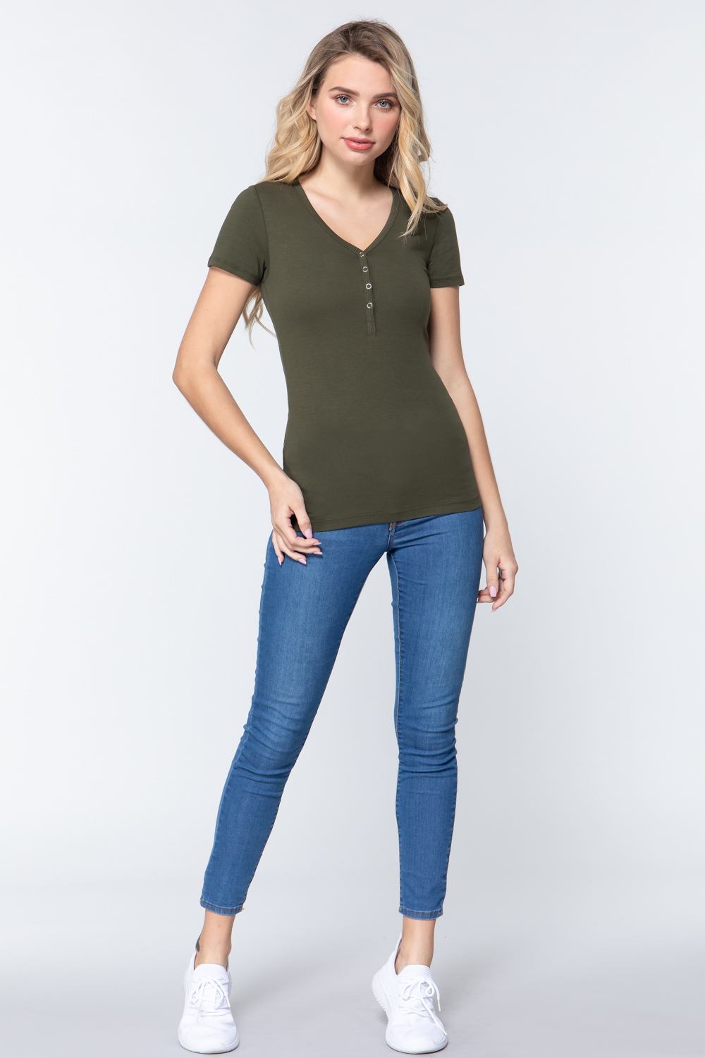 Women's Short Sleeve V-neck Henley Knit Top Soft T-Shirt - True Olive Green
