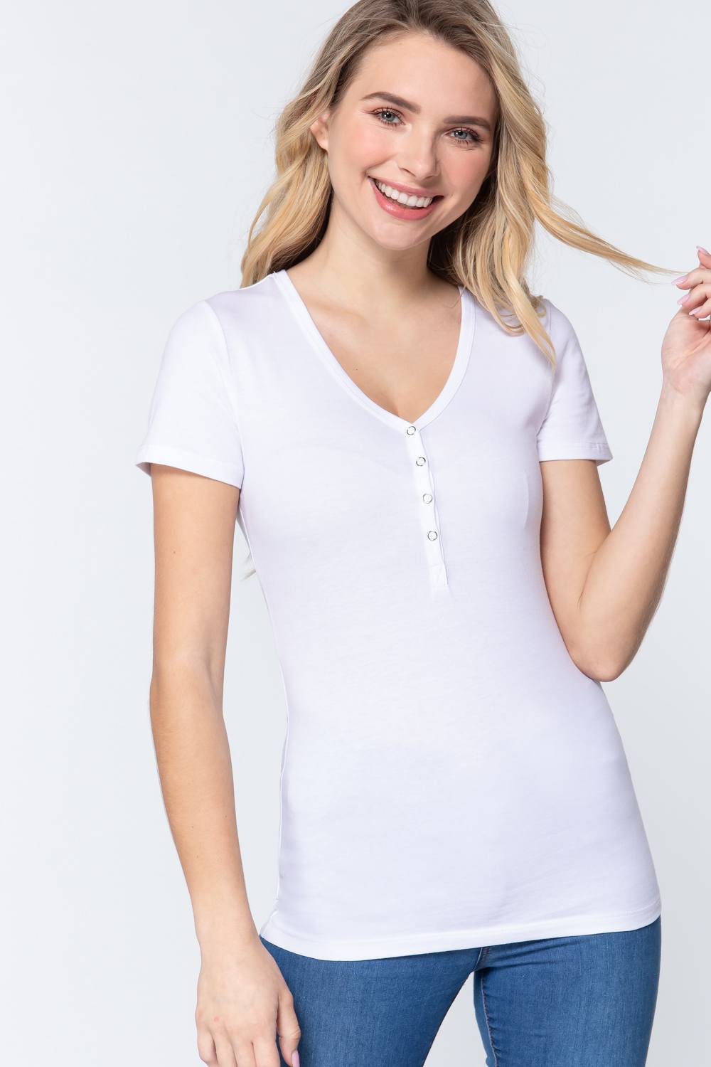 Women's Short Sleeve V-neck Henley Knit Top Soft T-Shirt - White