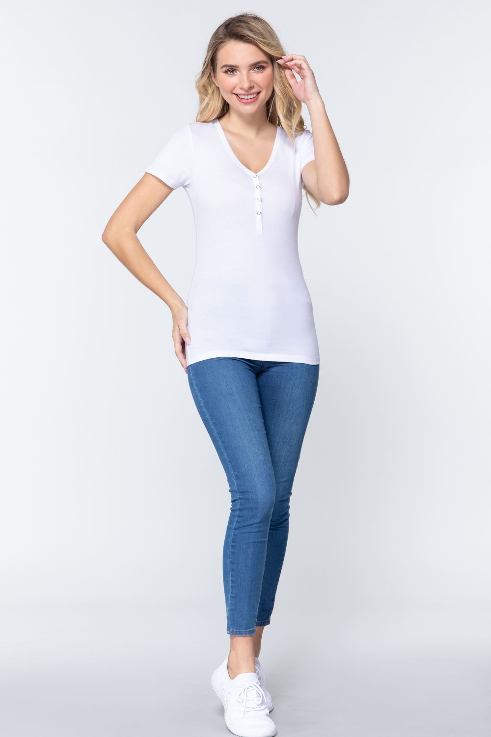 Women's Short Sleeve V-neck Henley Knit Top Soft T-Shirt - White