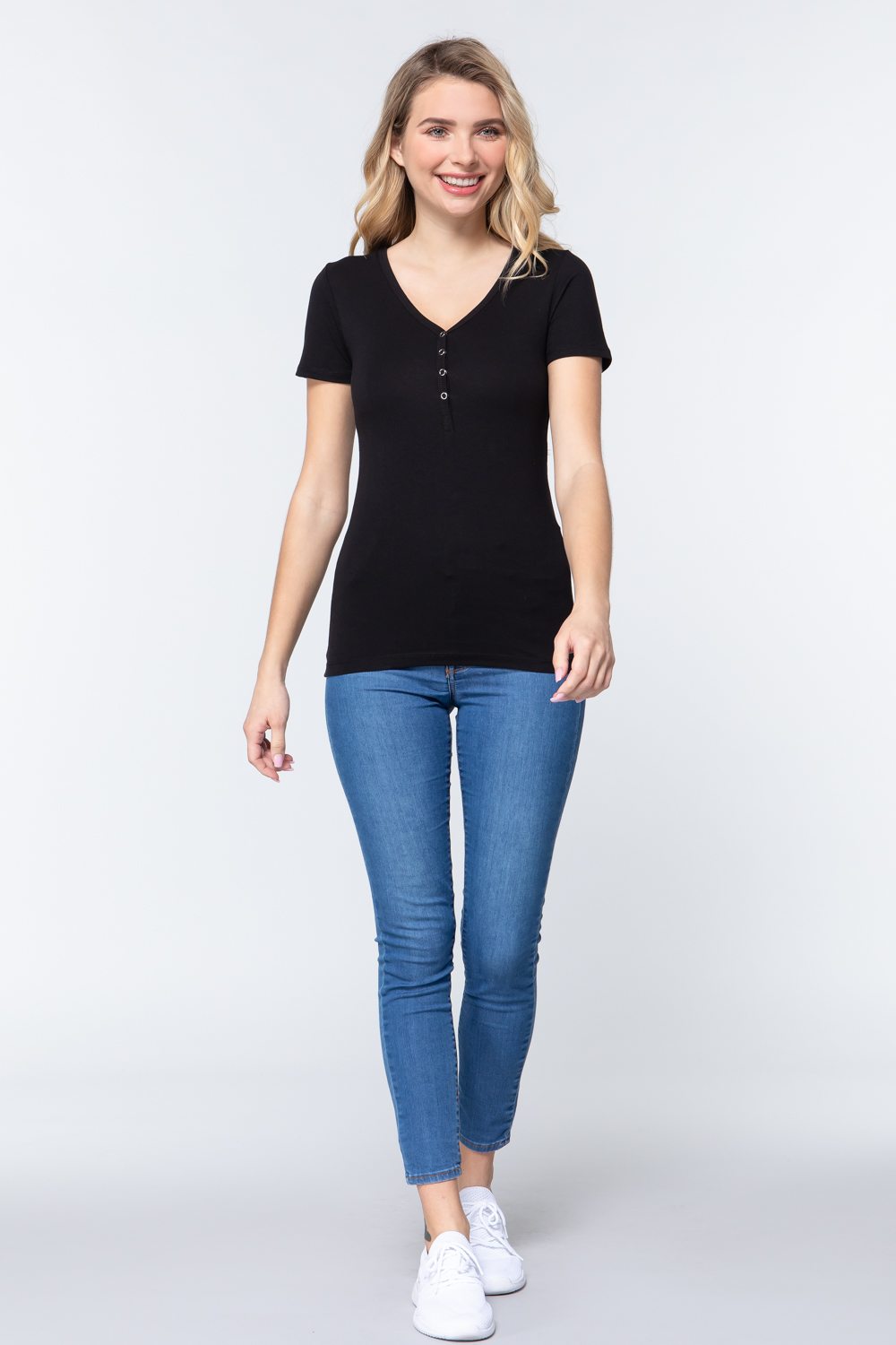 Women's Short Sleeve V-neck Henley Knit Top Soft T-Shirt - Black