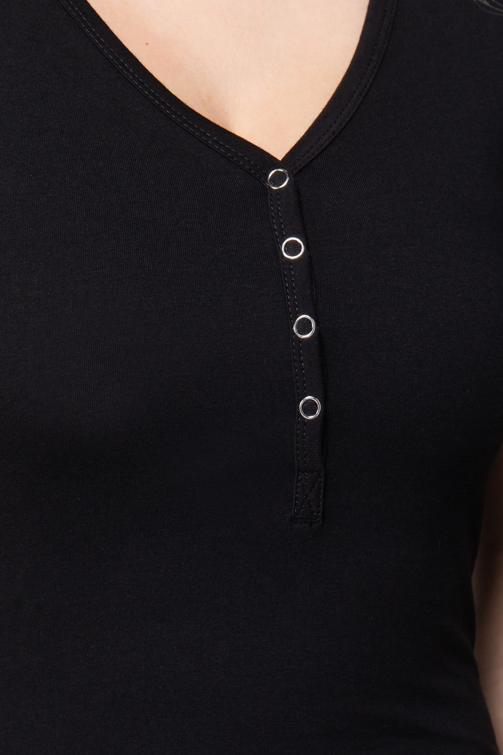 Women's Short Sleeve V-neck Henley Knit Top Soft T-Shirt - Black