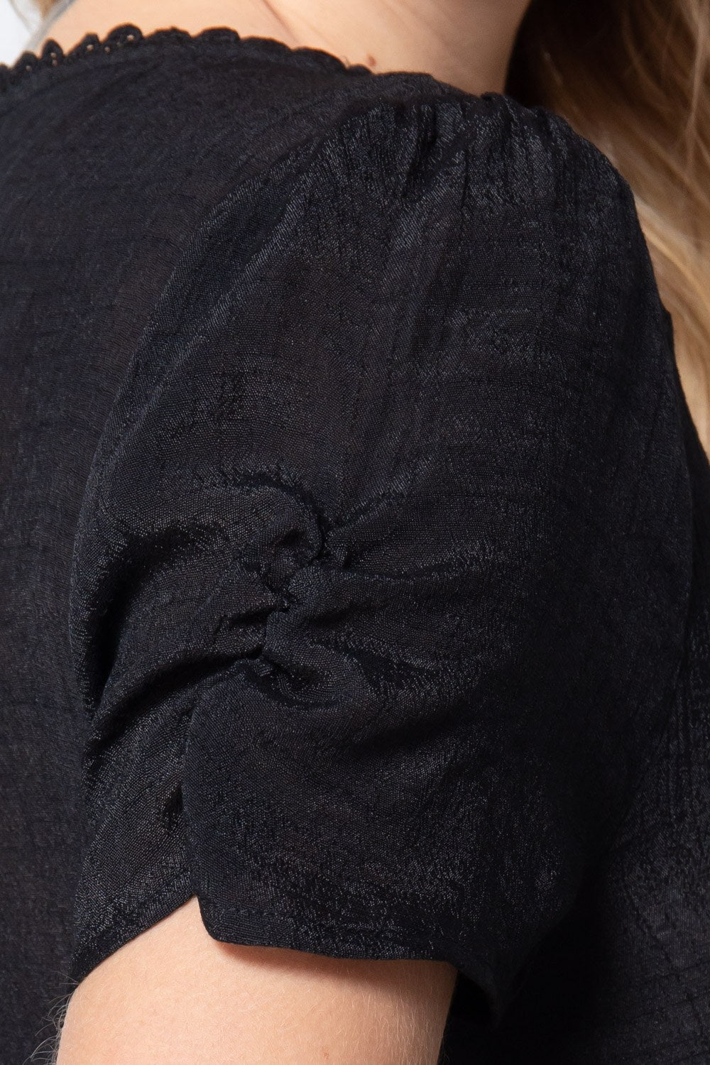 Women's Halter Neck Woven Top Short Shirring Sleeves Pleated Rayon Crop Shirt