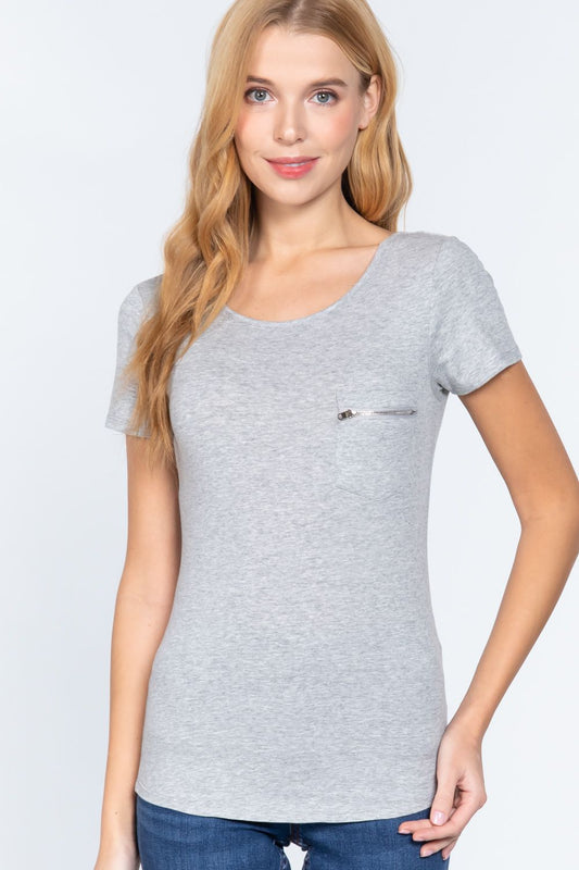 Women's Round Neck Short Sleeve Cotton Top Zipper Pocket T-Shirt - Heather Grey