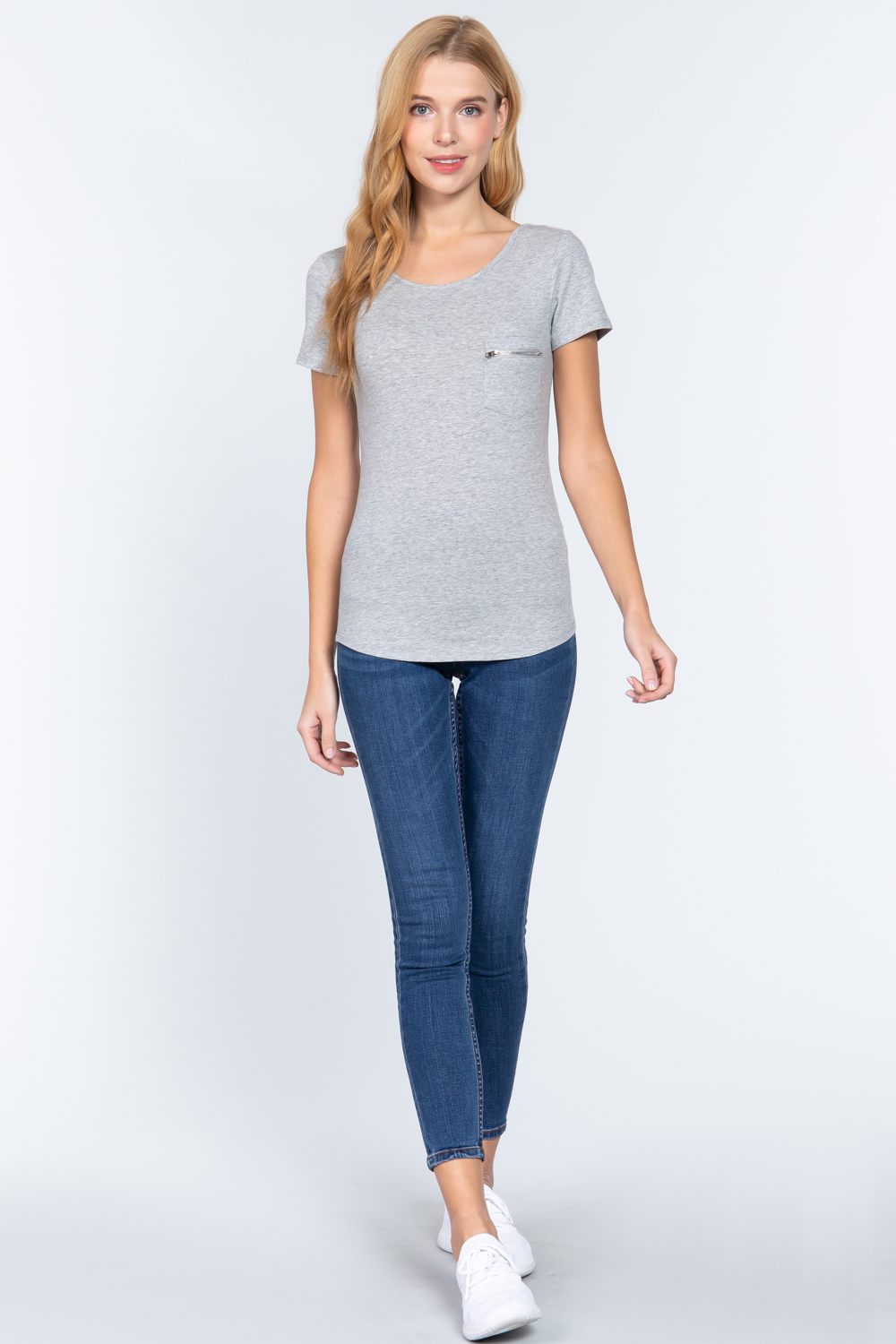 Women's Round Neck Short Sleeve Cotton Top Zipper Pocket T-Shirt - Heather Grey