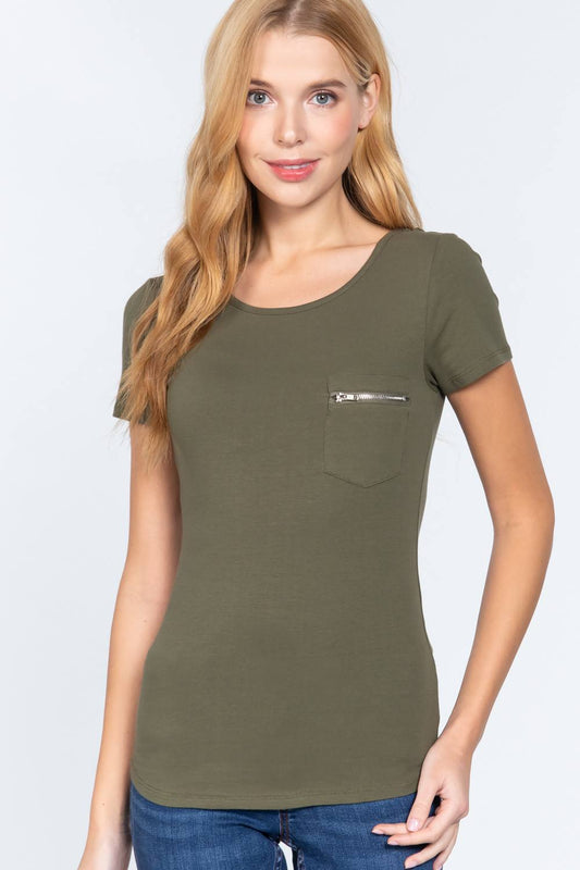 Women's Round Neck Short Sleeve Cotton Top Zipper Pocket T-Shirt - Olive Green