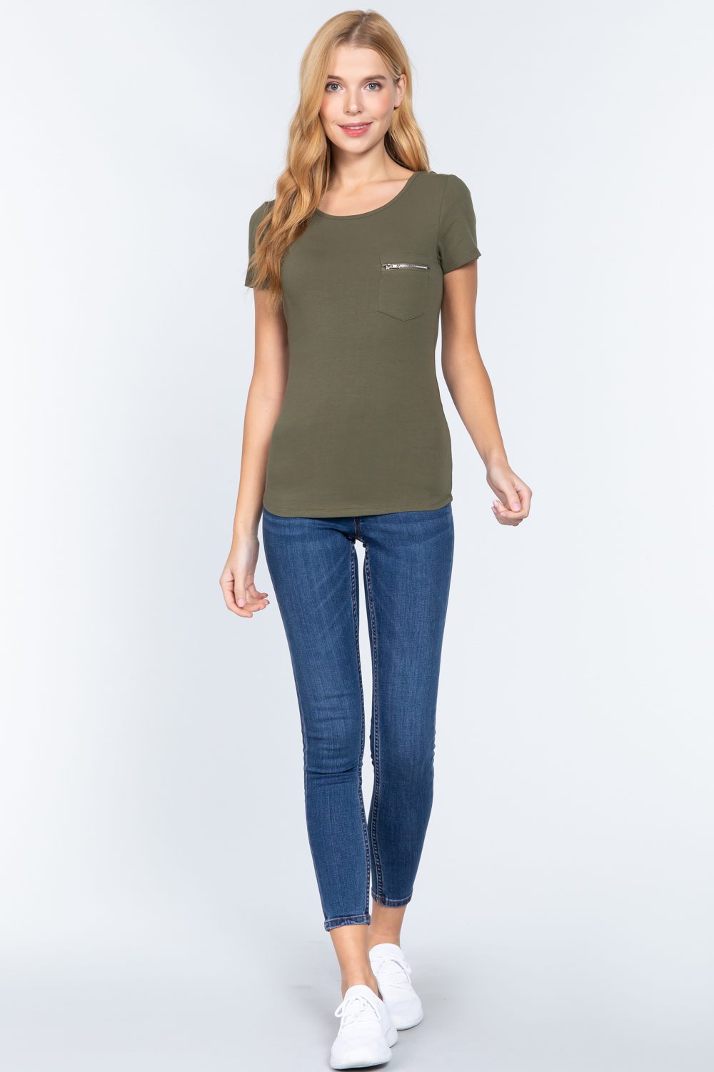 Women's Round Neck Short Sleeve Cotton Top Zipper Pocket T-Shirt - Olive Green