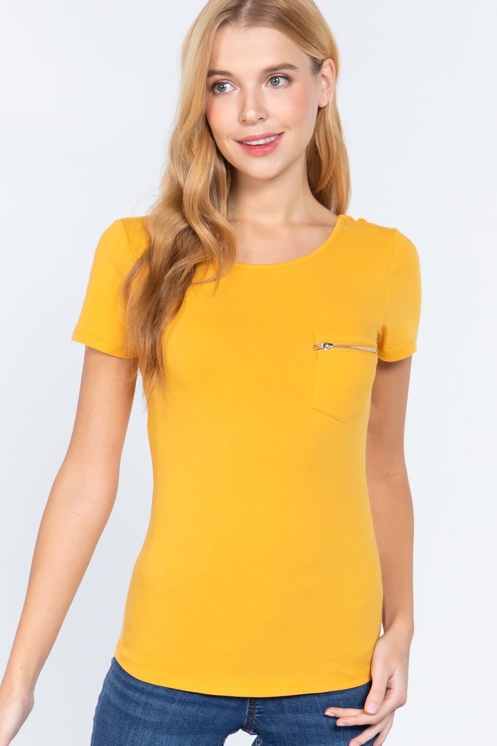 Women Round Neck Short Sleeve Cotton Top Zipper Pocket T-Shirt - Mustard Yellow