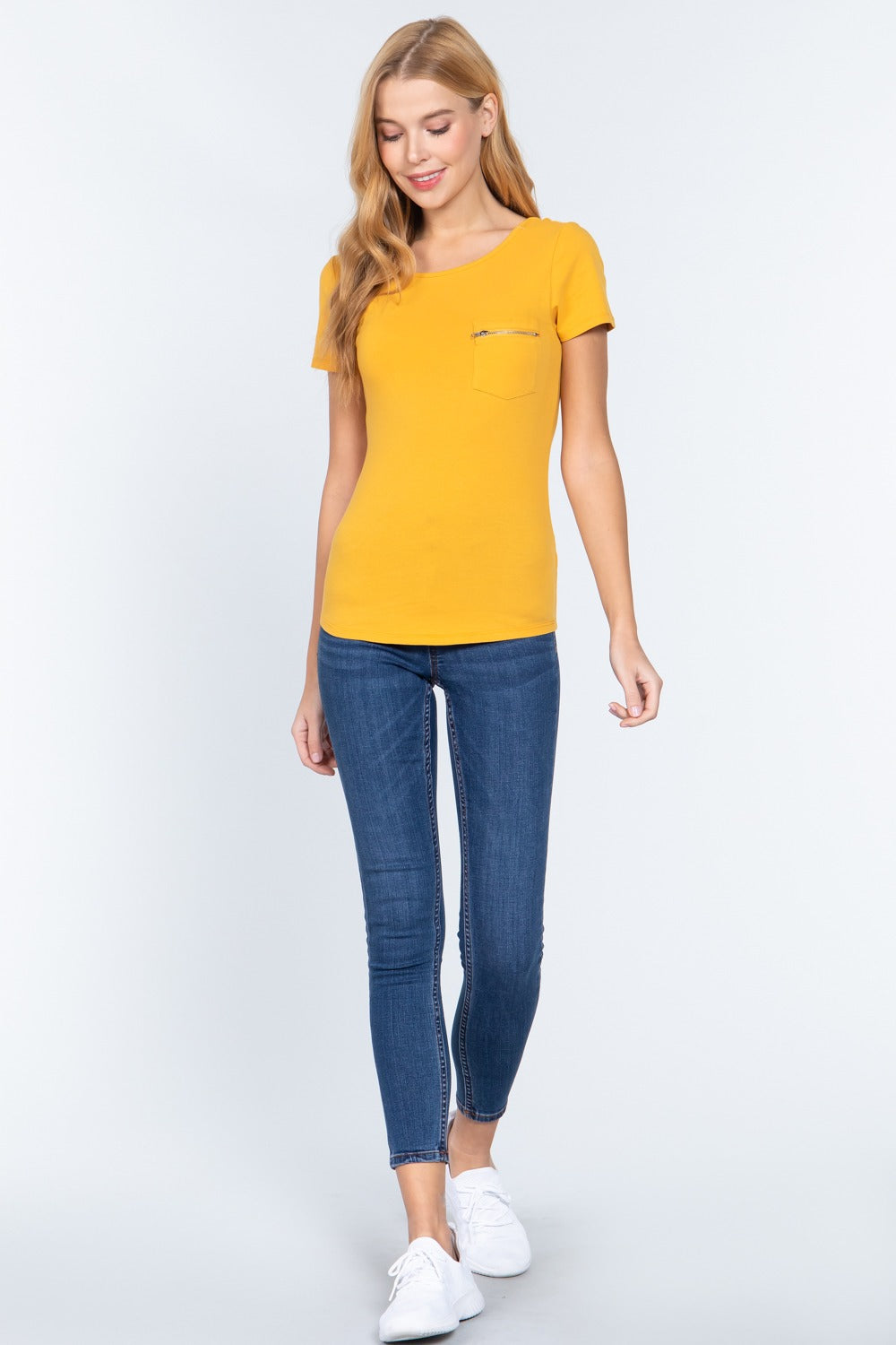Women Round Neck Short Sleeve Cotton Top Zipper Pocket T-Shirt - Mustard Yellow