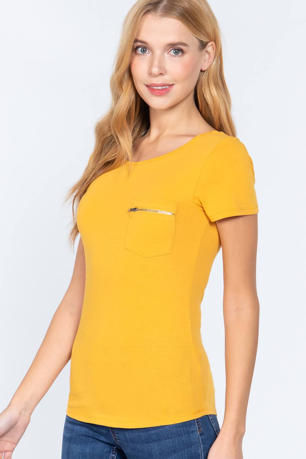 Women Round Neck Short Sleeve Cotton Top Zipper Pocket T-Shirt - Mustard Yellow