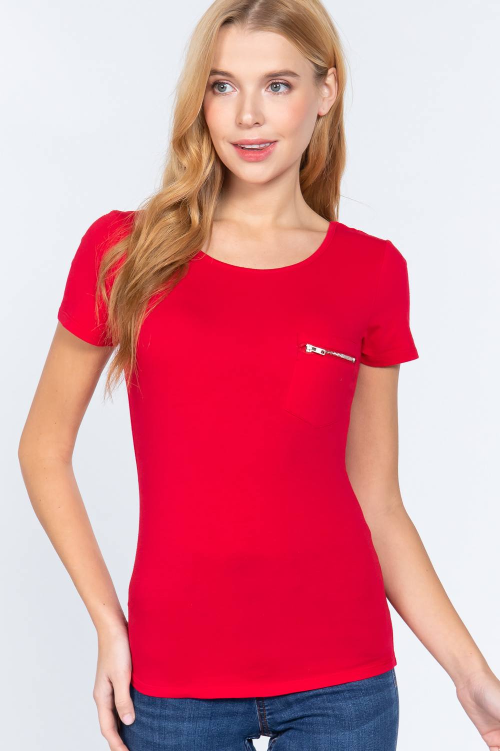 Women's Round Neck Short Sleeve Cotton Top Zipper Pocket T-Shirt - Red