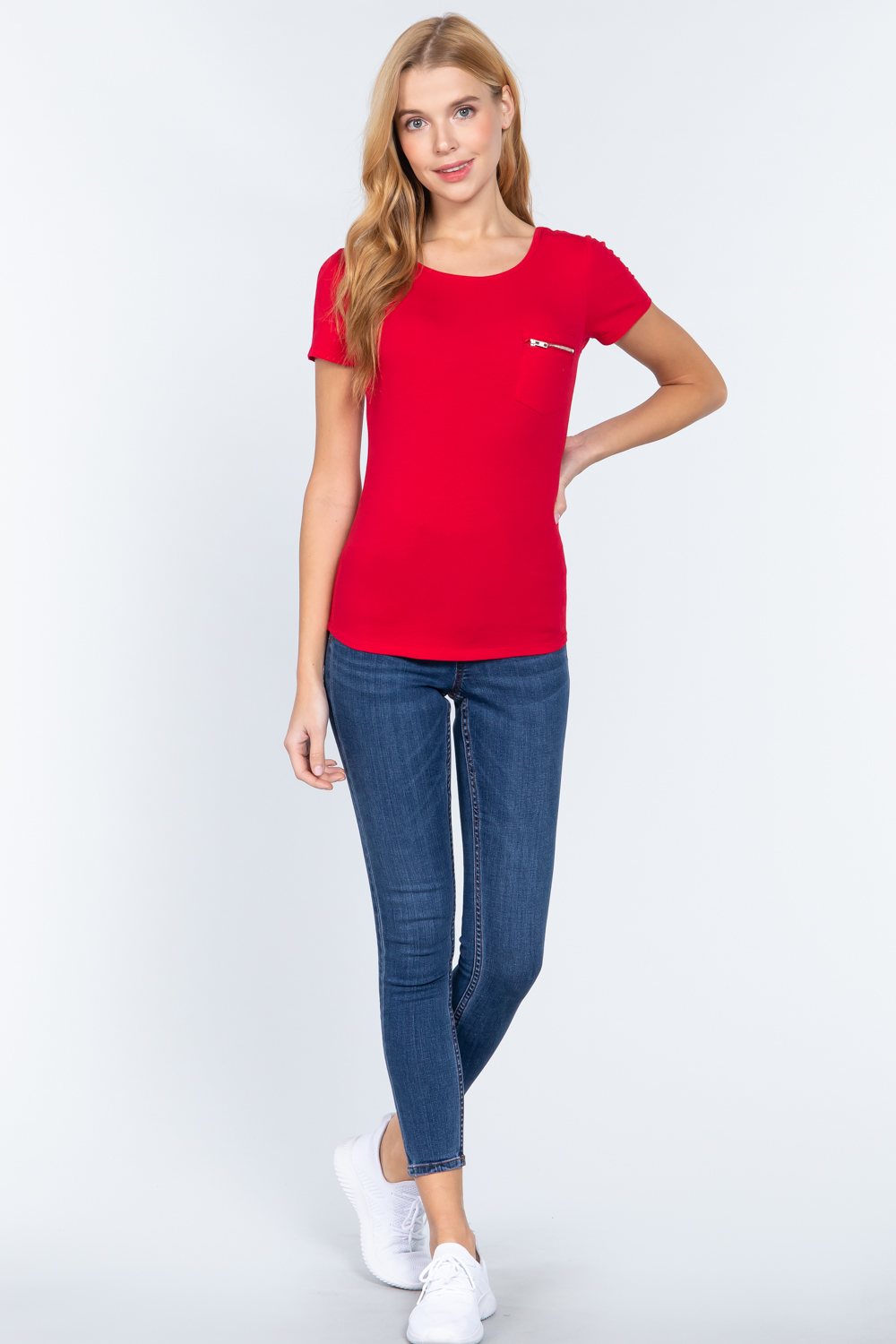 Women's Round Neck Short Sleeve Cotton Top Zipper Pocket T-Shirt - Red