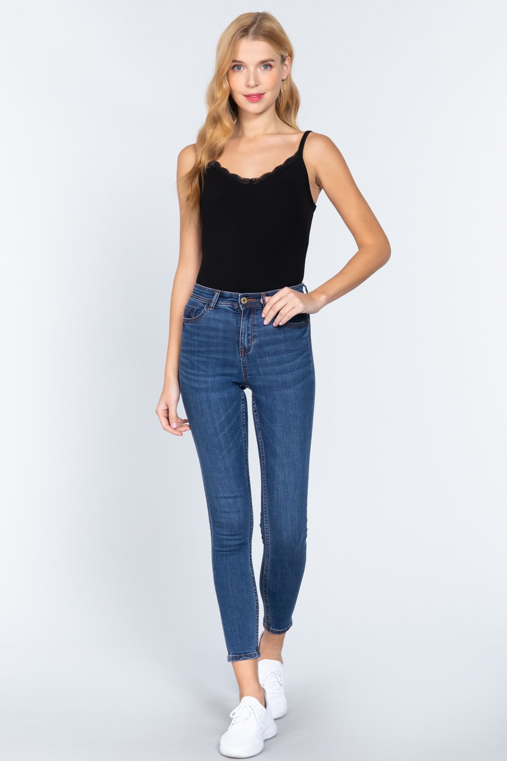 Women's Heavy Rib Rayon Cami Lace Trim Bodysuit Top - Black