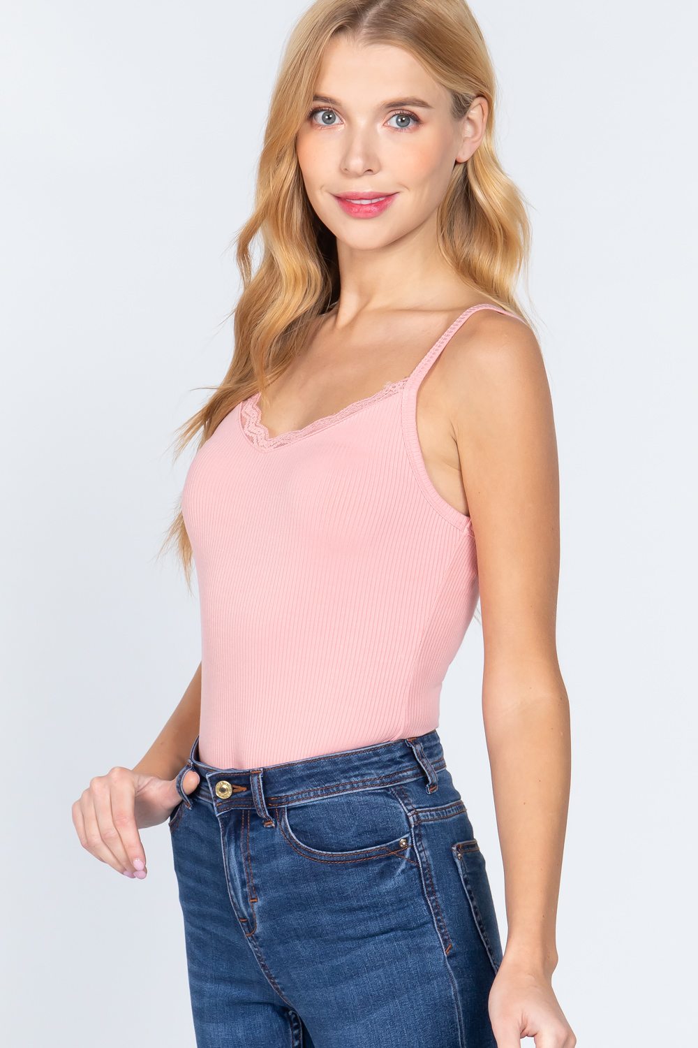 Women's Heavy Rib Rayon Cami Lace Trim Bodysuit Top - Pink