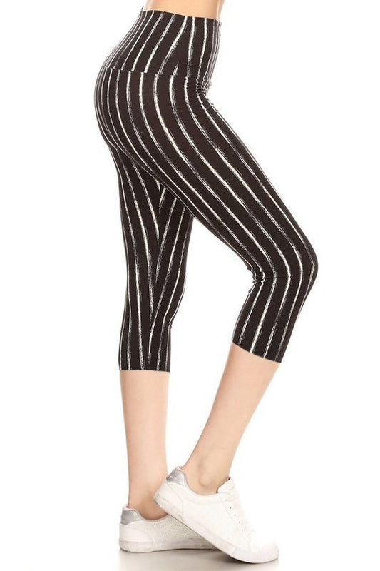 Women's Capri 3/4 Length Stripe Printed Leggings Stretch Fitness Yoga Pants