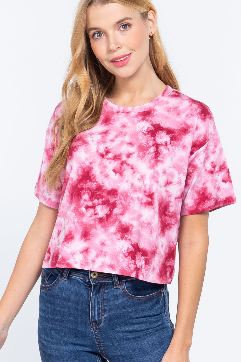 Women's Cropped Top Tie-dye Cotton Jersey T-Shirt Crew Neck Soft Short Sleeve