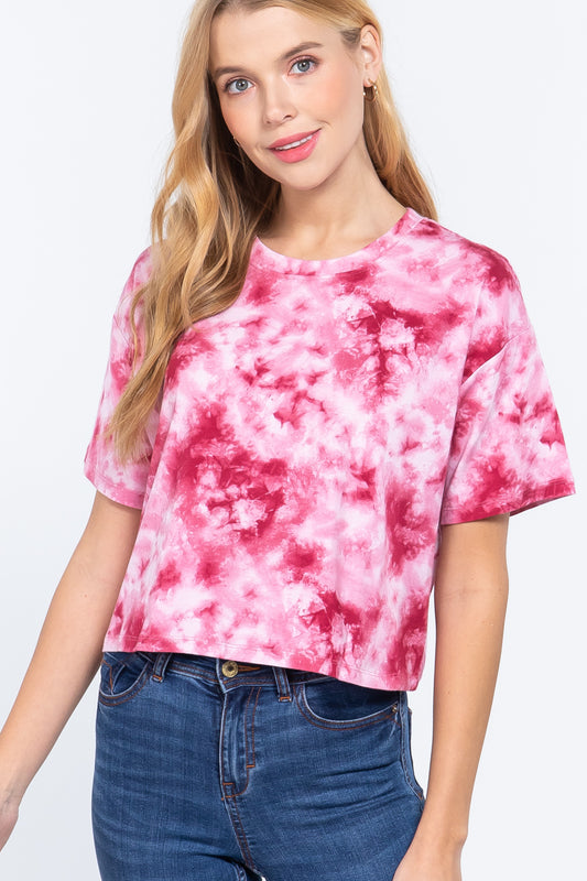 Women's Cropped Top Tie-dye Cotton Jersey T-Shirt Crew Neck Soft Short Sleeve