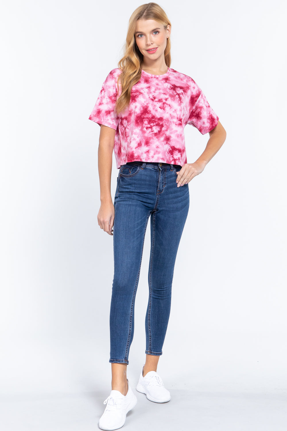 Women's Cropped Top Tie-dye Cotton Jersey T-Shirt Crew Neck Soft Short Sleeve