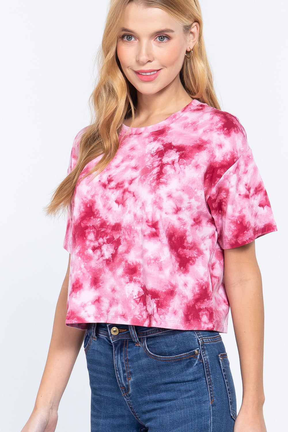 Women's Cropped Top Tie-dye Cotton Jersey T-Shirt Crew Neck Soft Short Sleeve