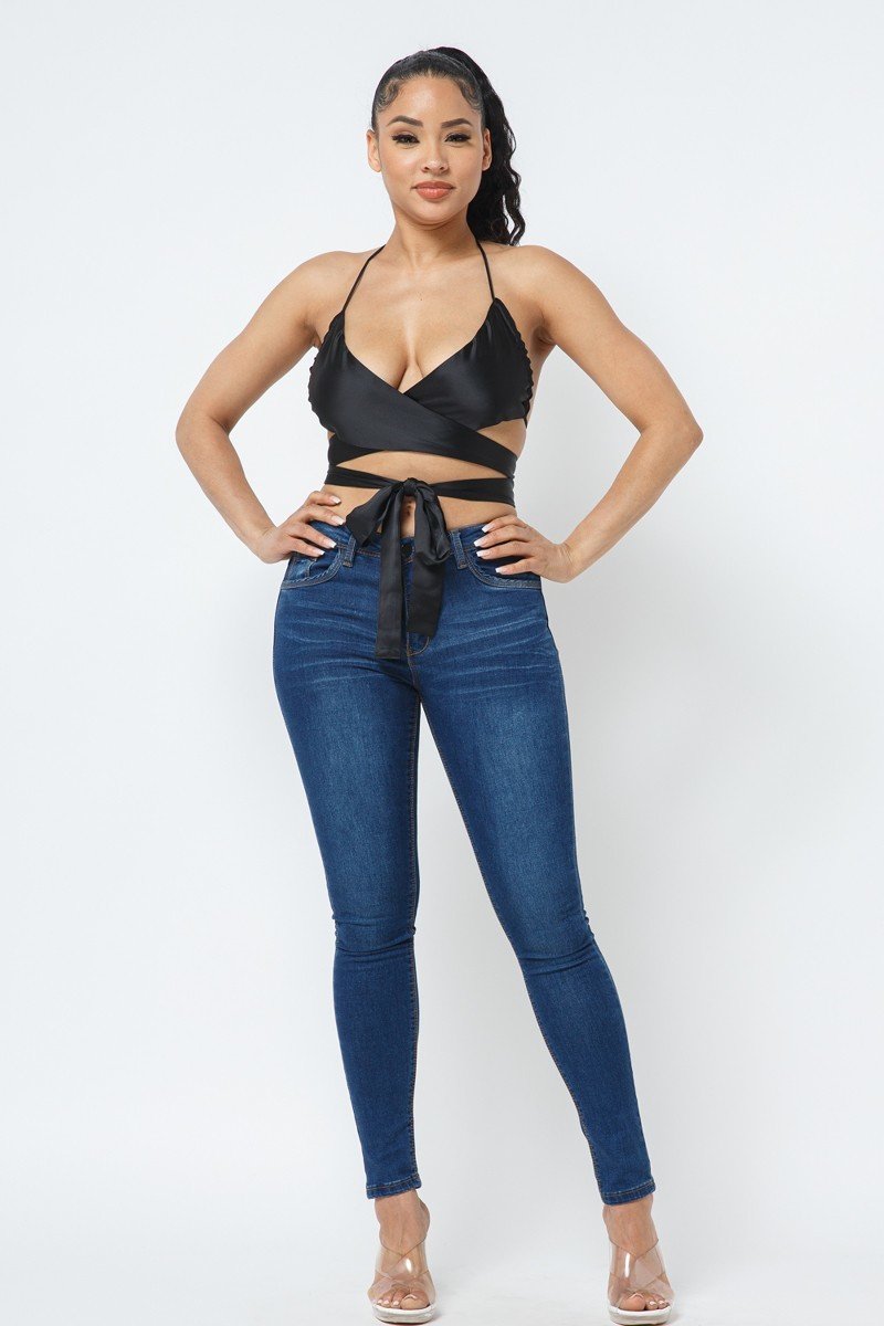 Women Draped Neck Satin Wrap Around Top Shoulder Pad Sleeveless Zipper Vest Tank