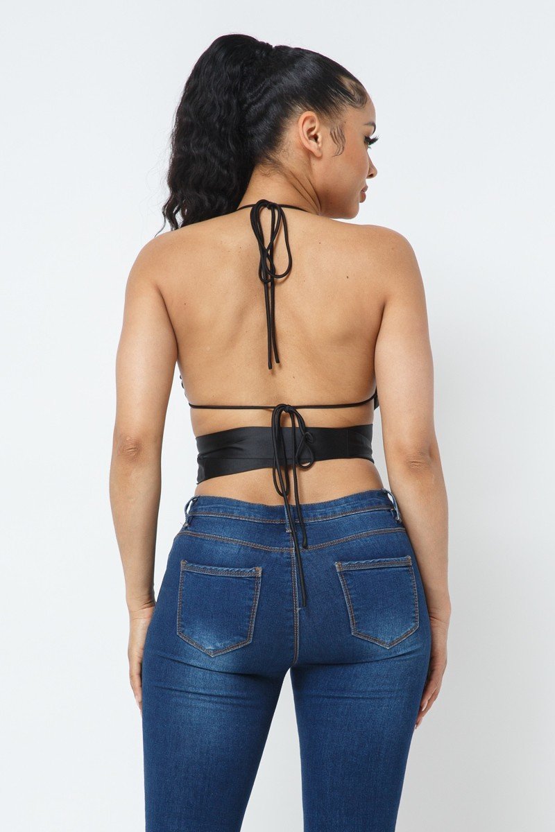 Women Draped Neck Satin Wrap Around Top Shoulder Pad Sleeveless Zipper Vest Tank