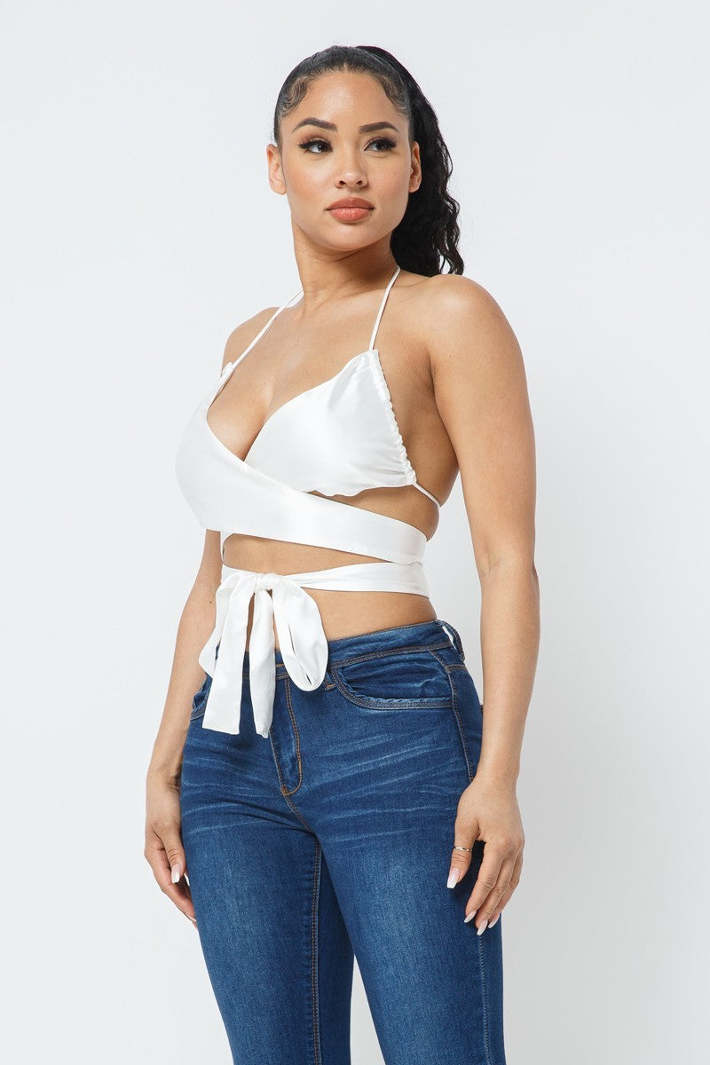 Womens Draped Neck Satin Wrap Around Top Shoulder Pad Sleeveless Zip Vest Tank
